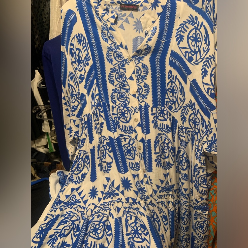 Boho Style Xl White And Blue Dress
